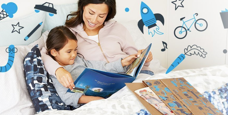 mother reading story book to child in bed