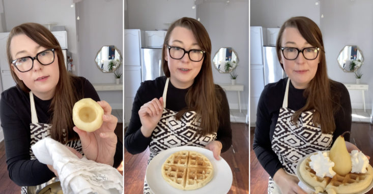 Three stills of Lindsey making waffles.