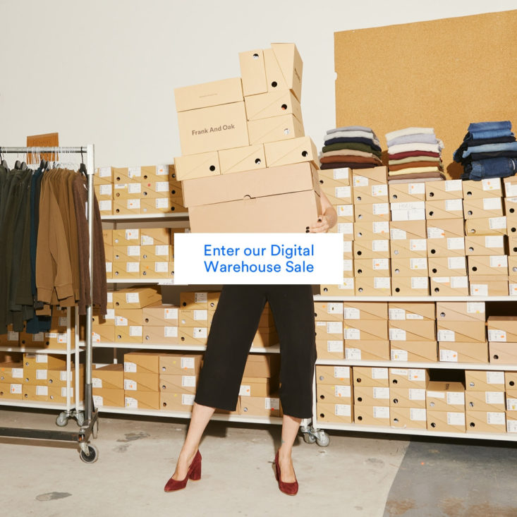 Frank and Oak February 2021 Digital Warehouse Sale image of woman holding sale boxes