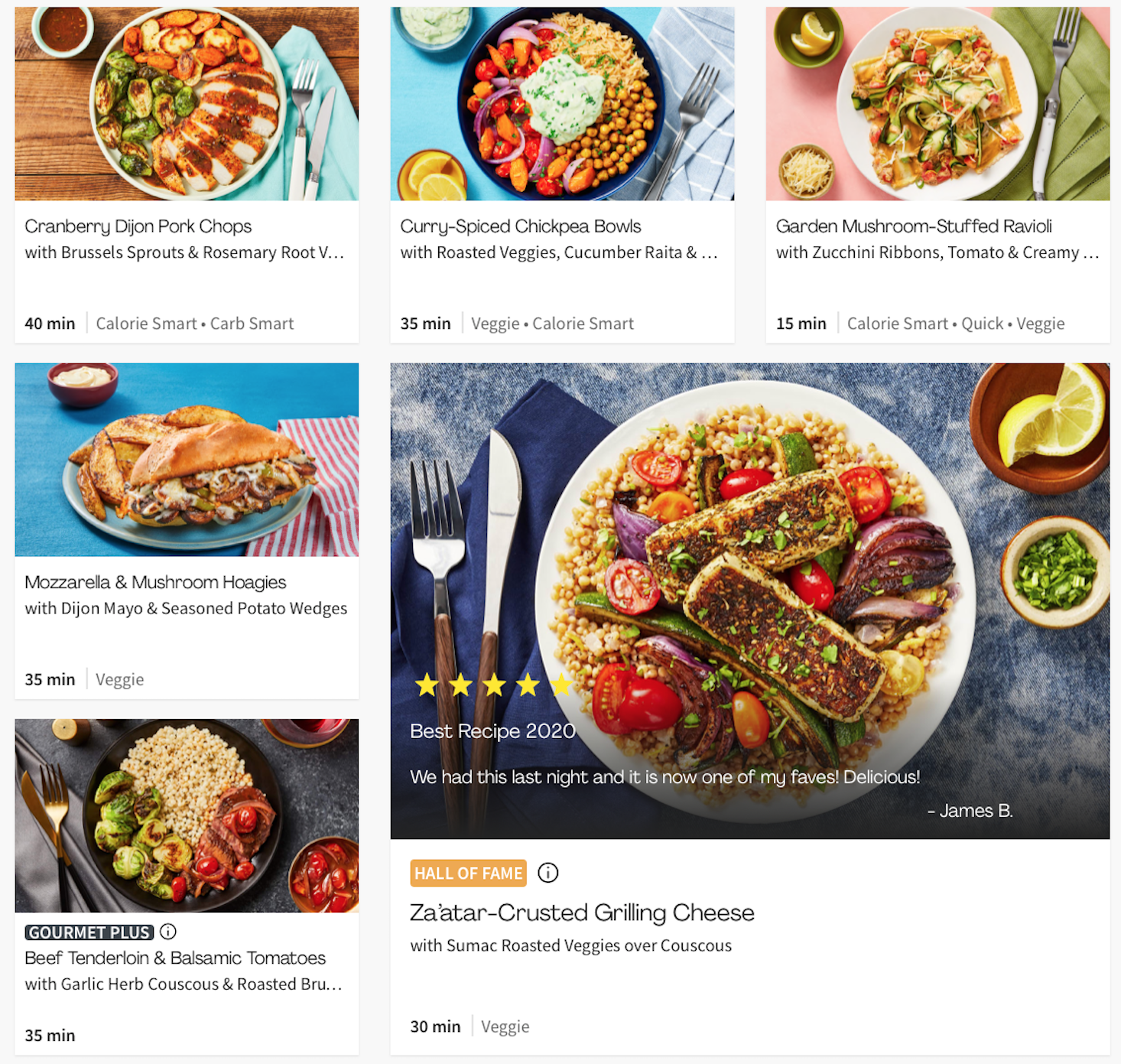 HelloFresh menu featuring platters with full size portion meals