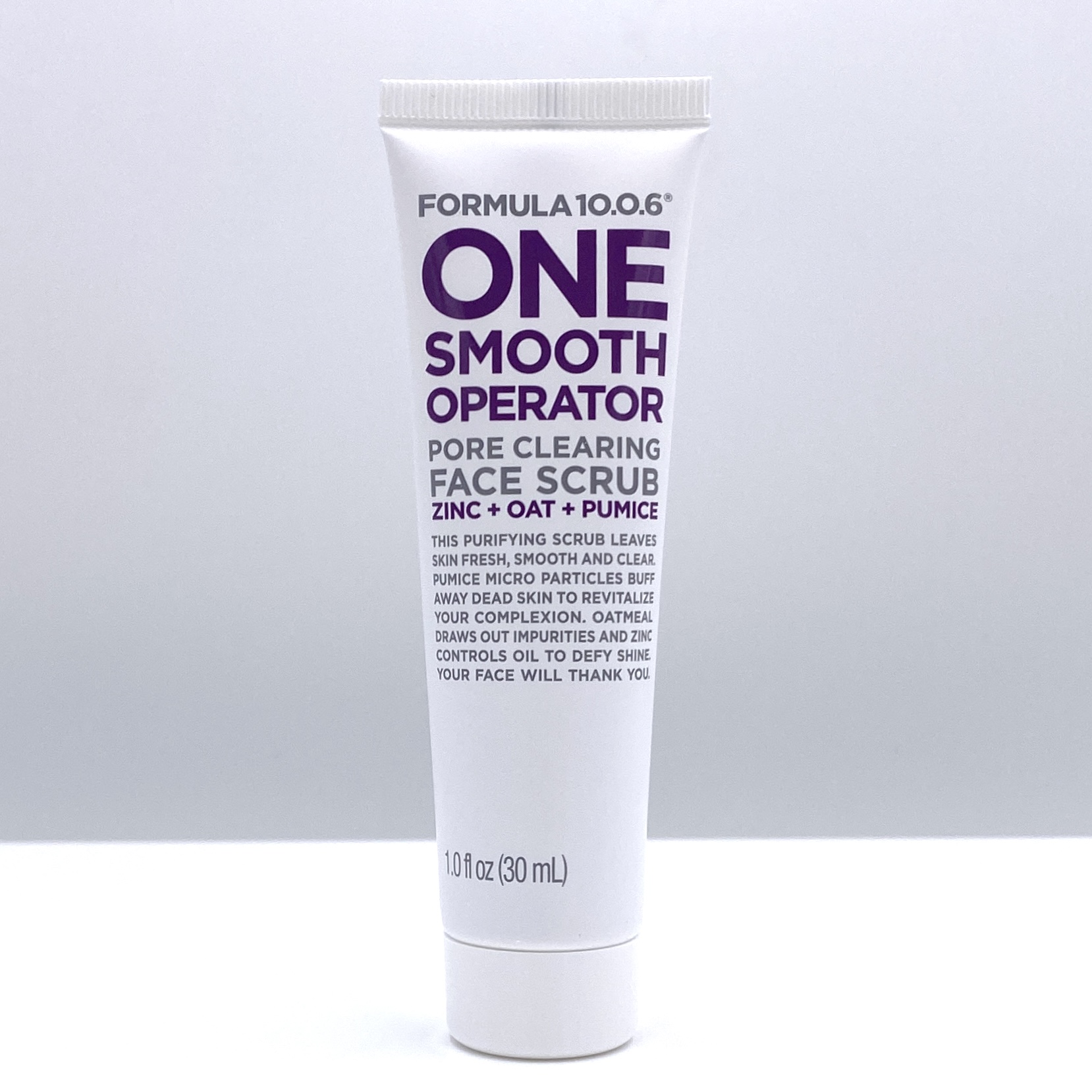 The front of the bottle for Formula 10.0.6 One Smooth Operator Pore Clearing Face Scrub from the Ipsy Glam Bag May 2021.