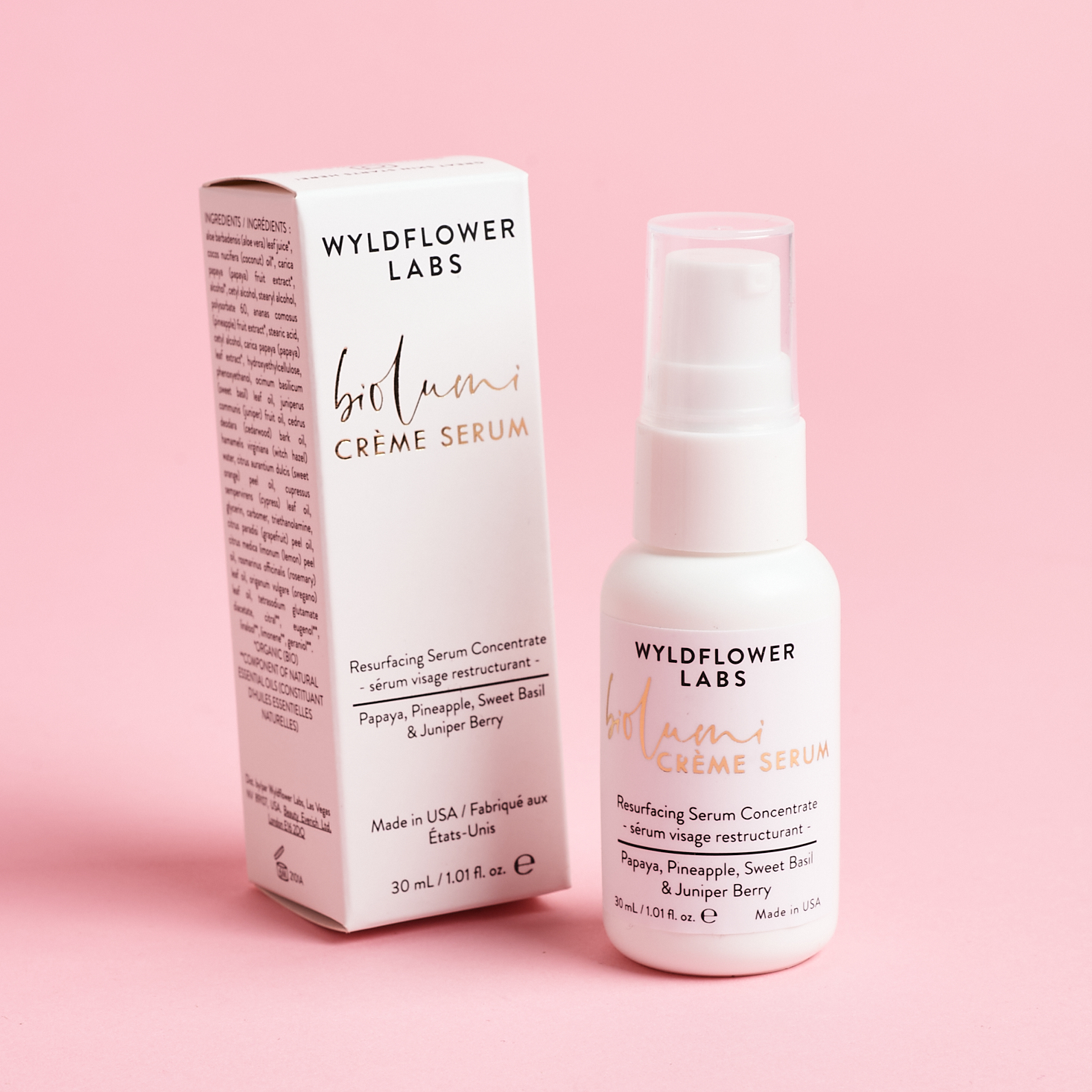 The front of the box and bottle for Wyldflower Labs Biolumi Creme Serum from the Nourish Beauty Box June 2021.