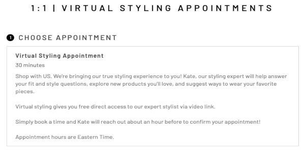 Universal Standard Virtual stylist appointment booking