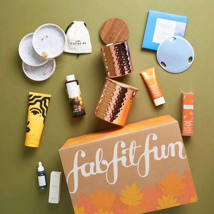 fab fit fun box on green background with products lying around it