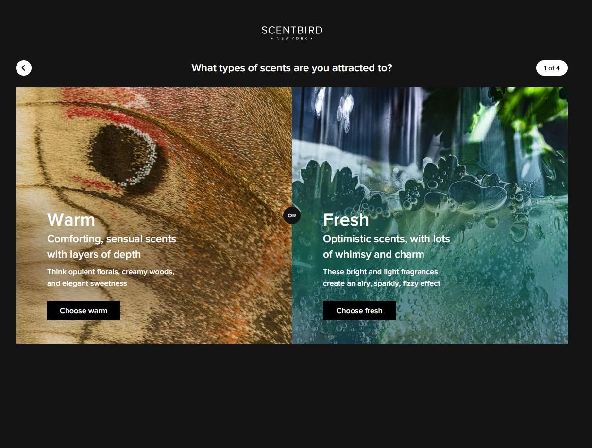 Scentbird quiz asking about fresh or warm scents