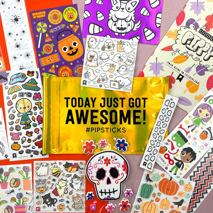 photo of Pipsticks September 2021 Box Kids Club Classic stickers and gold "Today just got awesome!" bag