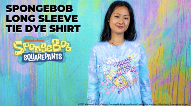 woman wearing tie dye shirt featuring spongebob