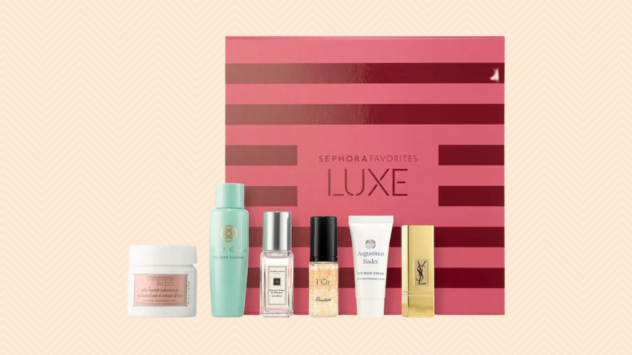 Pink sriped Sephora Luxe Elevated Essentials Box with six trial sized products