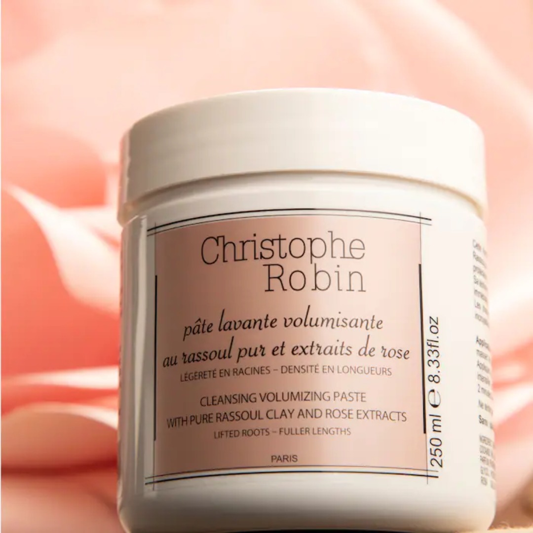 Photo of white jar containing Christophe Robin: Volume Shampoo Paste with Rassoul Clay and Rose Extracts