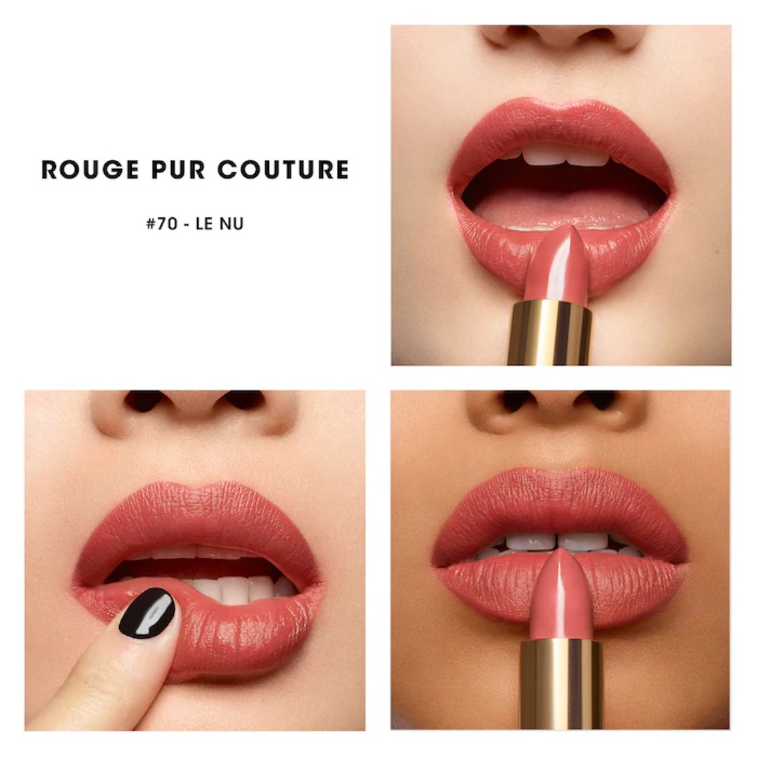 Pictures of woman applying Yves Saint Laurent Rouge Pur Couture Satin Lipstick in 70 Le Nu 