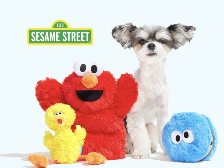 sesame street toys and a dog 