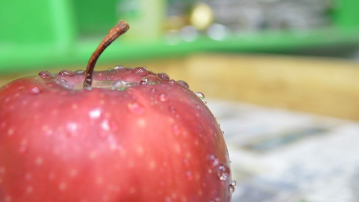 Photo of dewy, red apple with blurry background