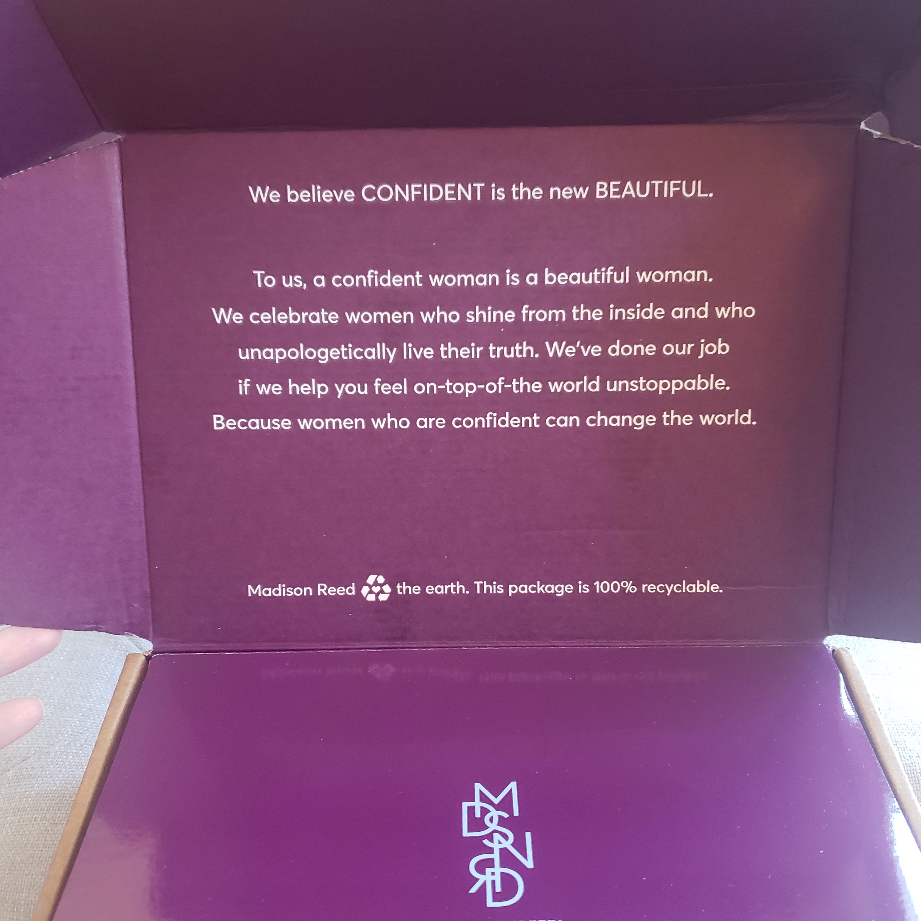 inside lid of a Madison Reed box
