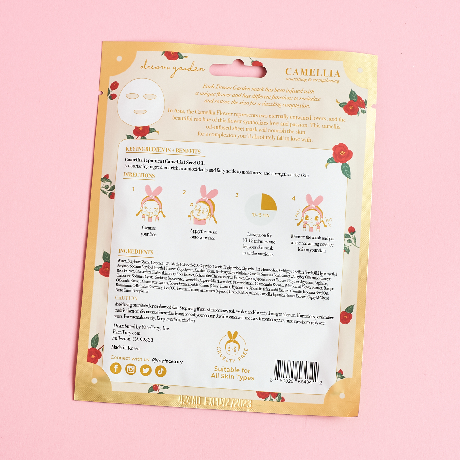 back of beige sheet mask with instructions and red flowers