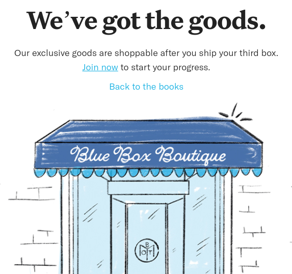 Hand-drawn picture of Blue Box Boutique with text about the store