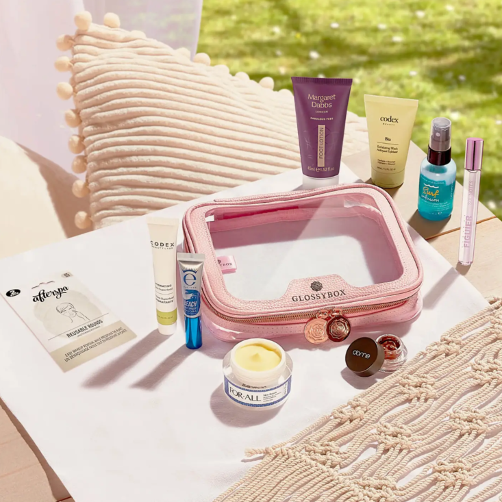glossybox laid out on a table with beauty products surrounding it