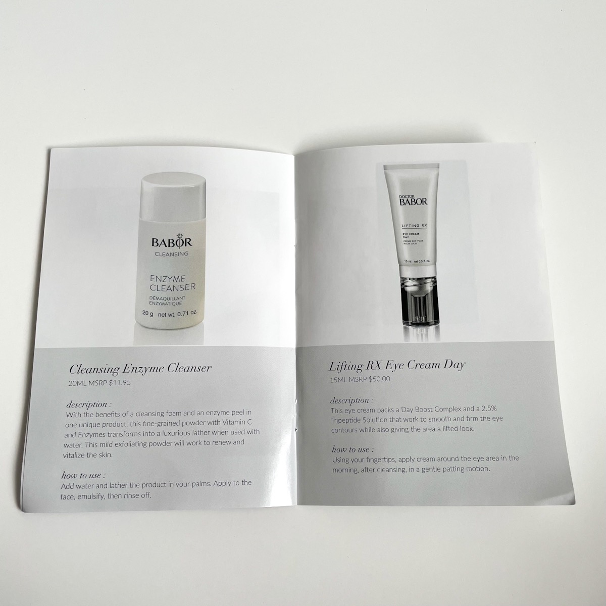 info booklet detailing products inside