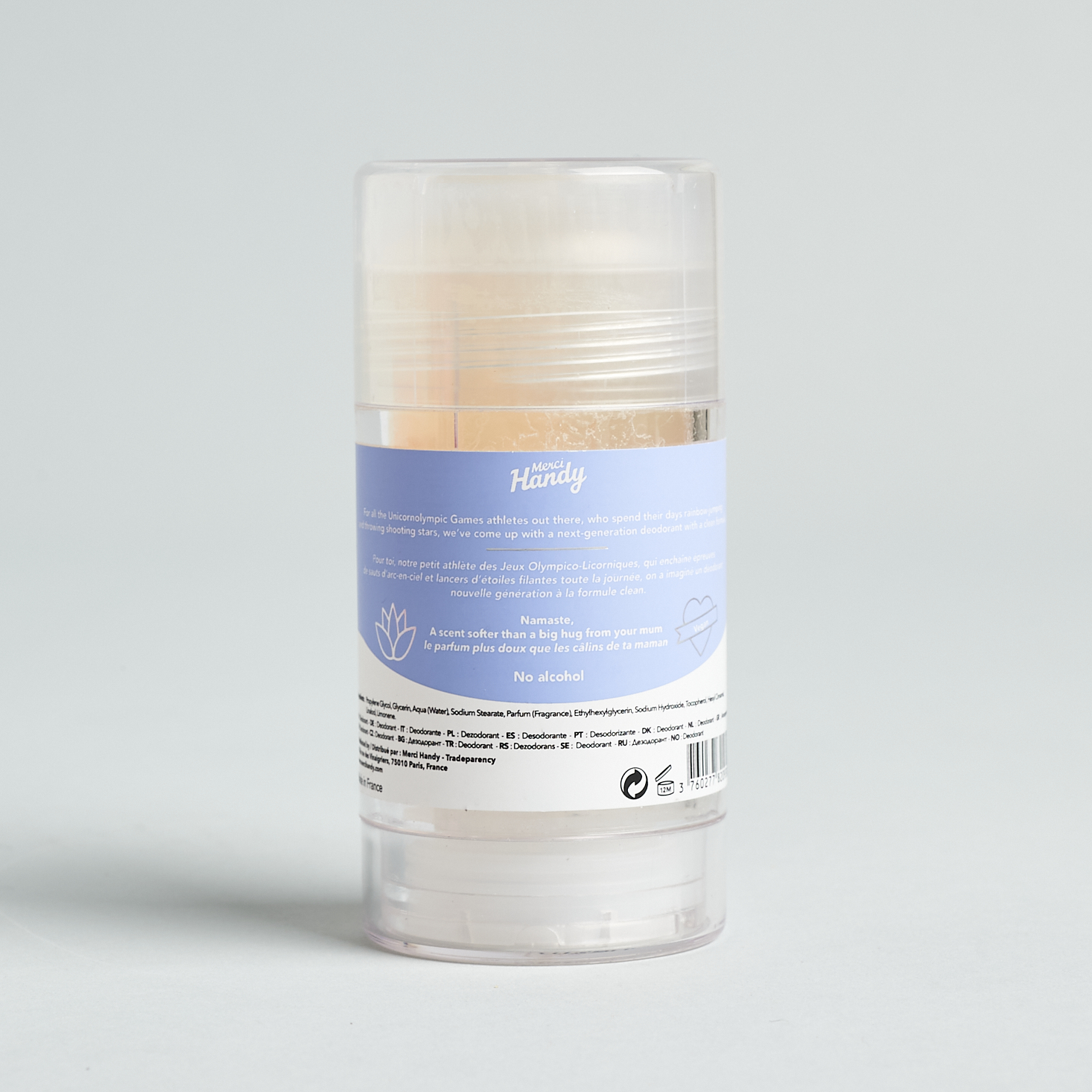 alternate view of deodorant showing lavender and white label