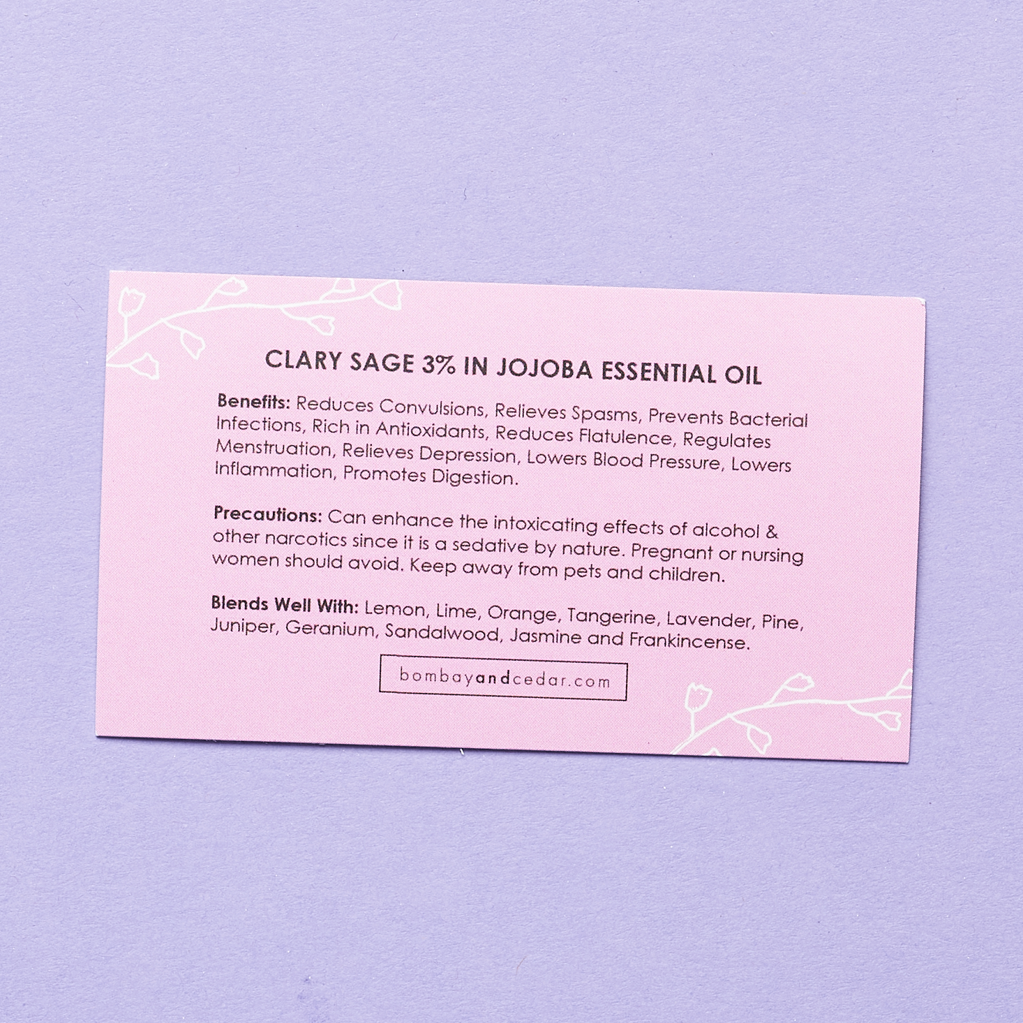 Card Back of Bombay and Cedar Clary Sage Essential Oil for Bombay and Cedar Lifestyle Box July 2021