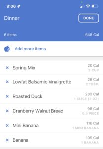 Screenshot of Noom with food logging items