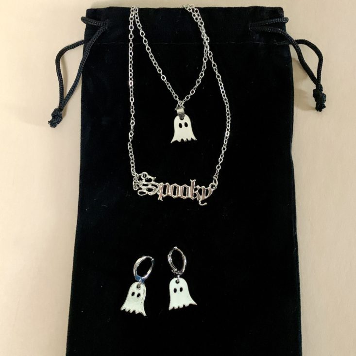 double layer necklace with ghost and spooky charms, ghost huggie earrings