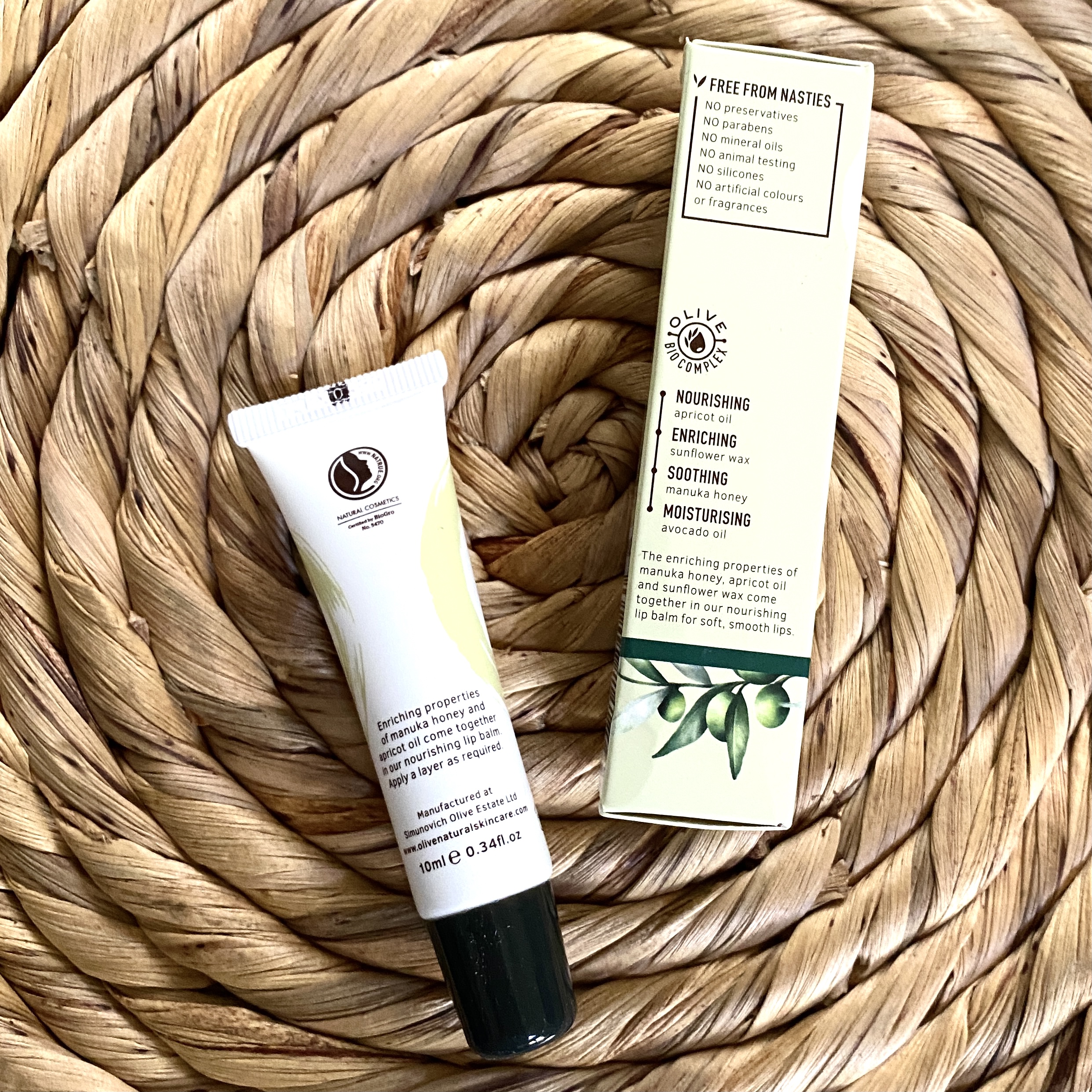 Back of Olive Natural Skincare Lip Balm for Cocotique September 2021