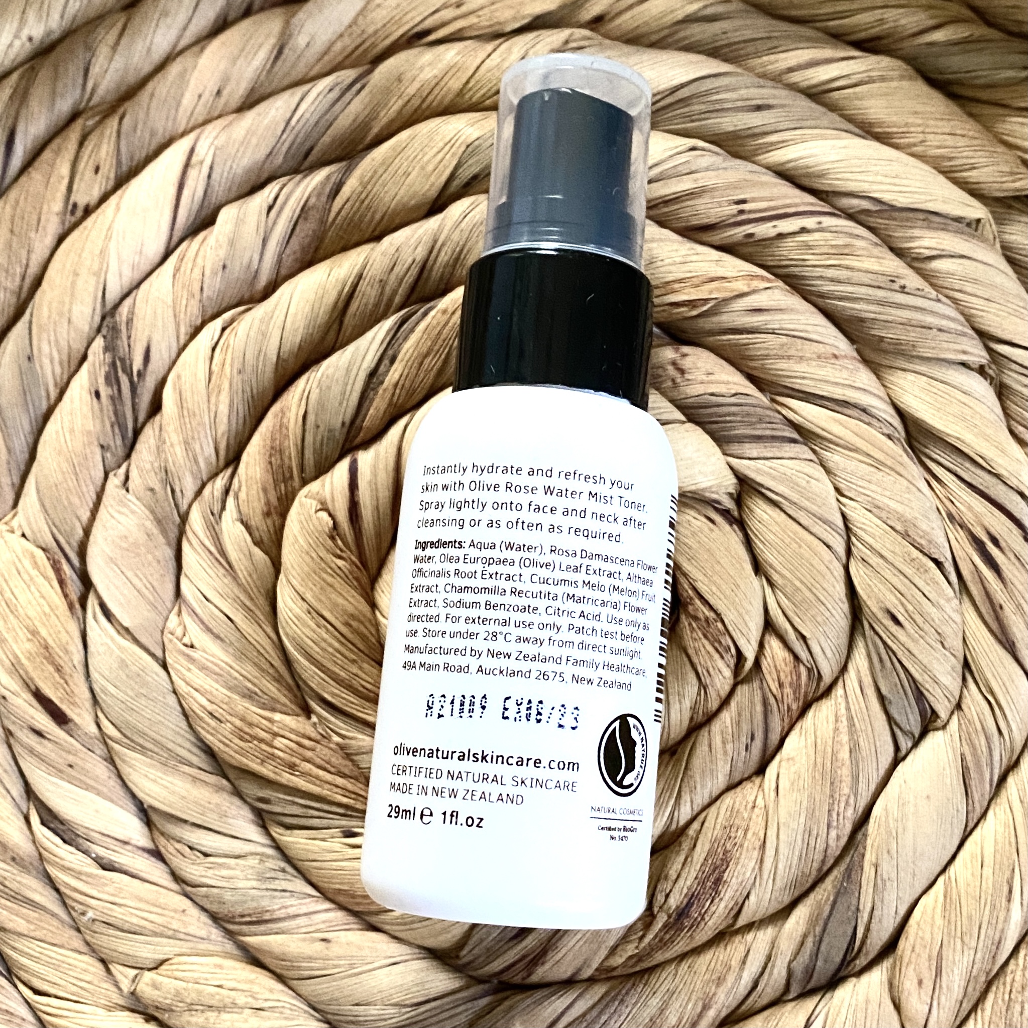Back of Olive Natural Skincare Rose Water Mist Toner for Cocotique September 2021