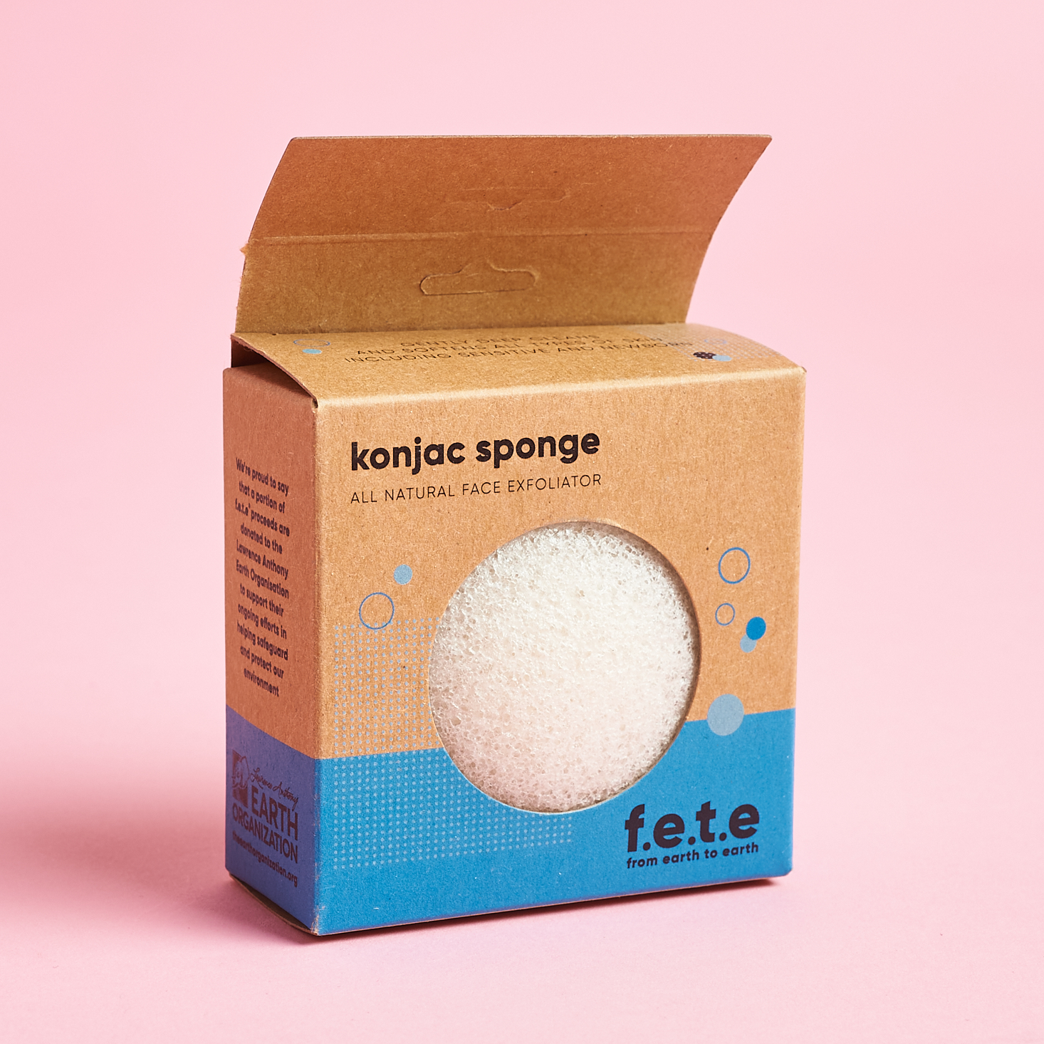 brown and blue box with white konjac sponge pointing out