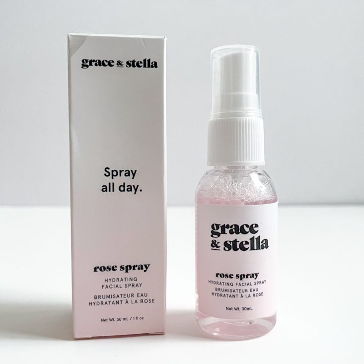 white and pink gradient box next to clear jar of pink facial mist