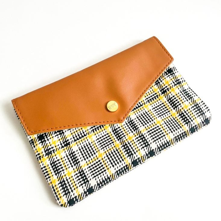 yellow and brown plaid makeup bag