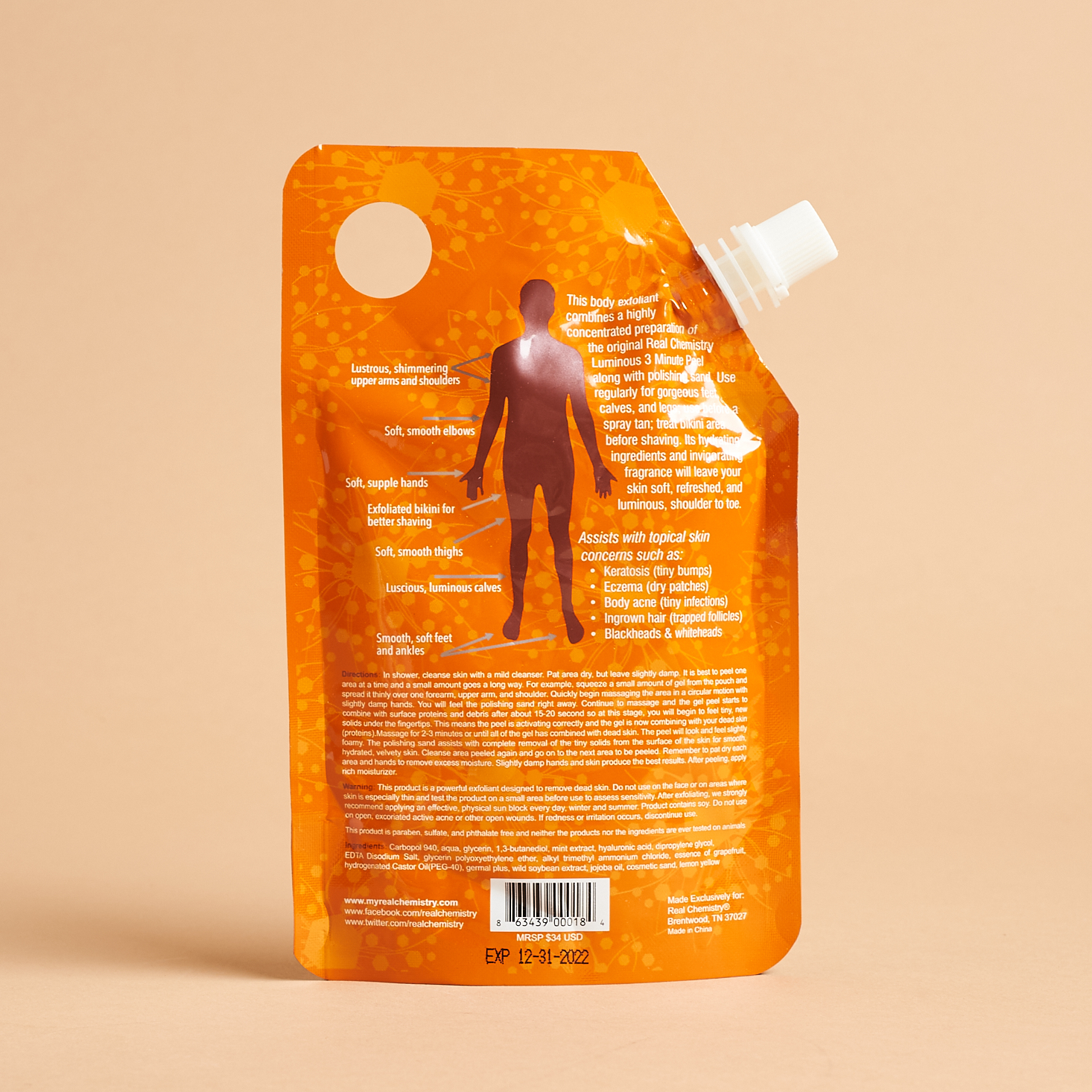 Back of Real Chemistry 3-Minute Body Peel for Bombay and Cedar Beauty Box August 2021