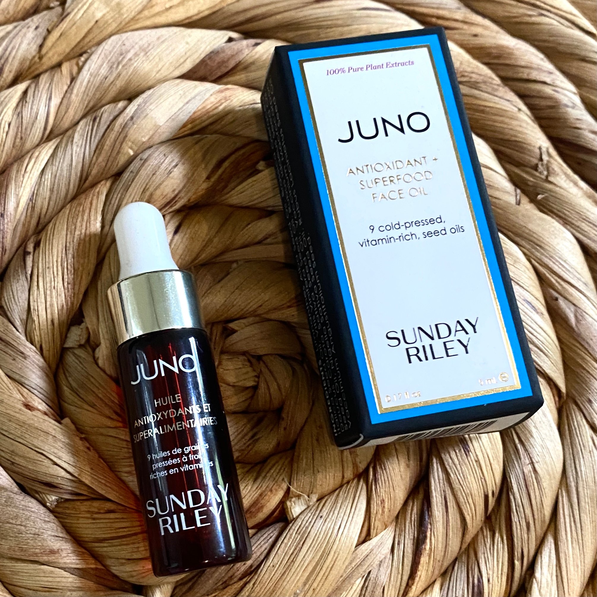 Front of Sunday Riley JUNO Antioxidant + Superfood Face Oil for BeautyFIX September 2021