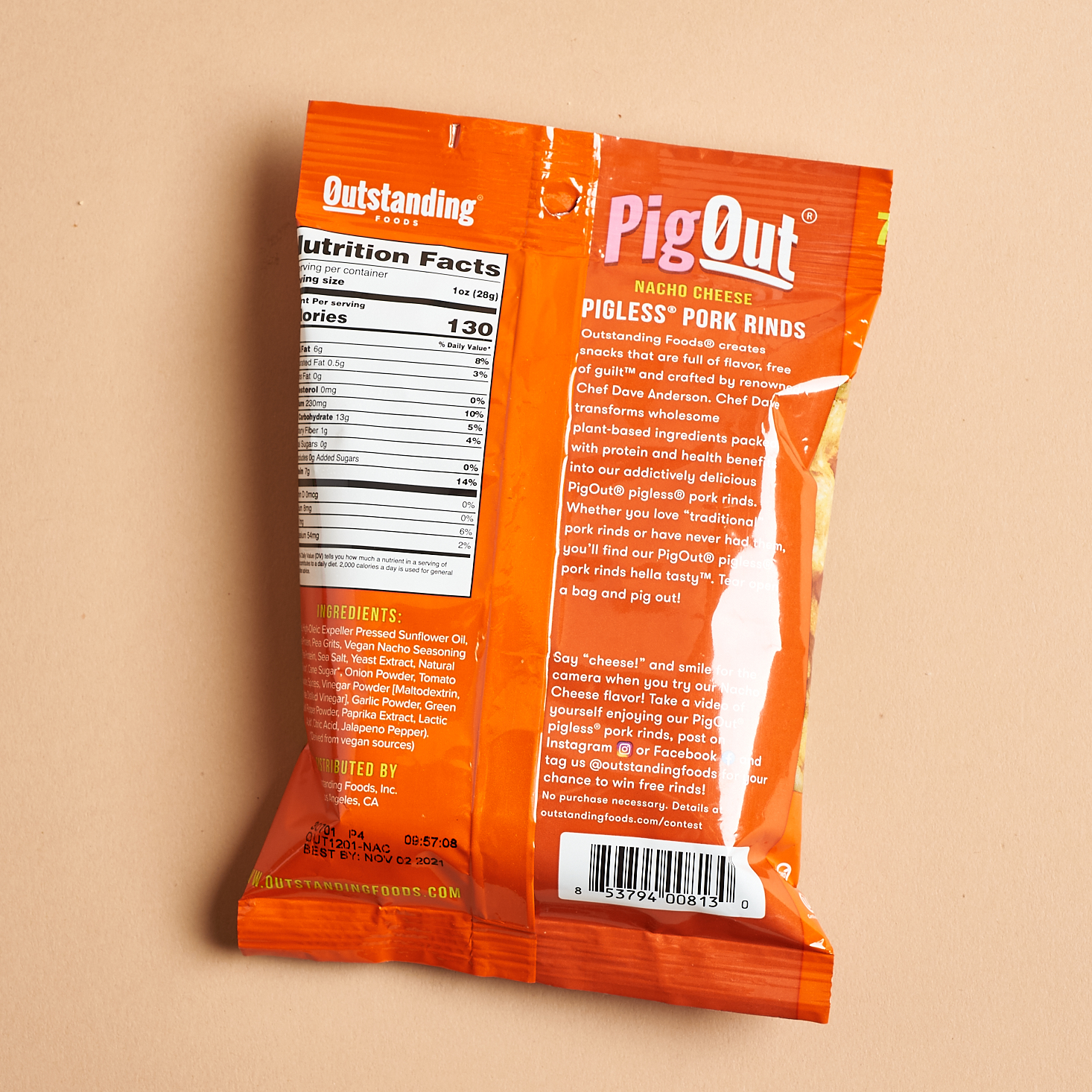 nutrition facts for pigout pigless pork rinds package