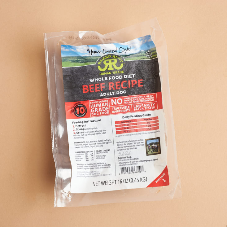 beef recipe raised right pet food package