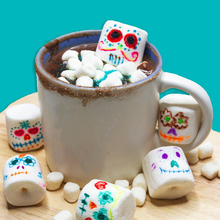 Dia de Los Muertos KidStir kit featuring mug and marshamllows