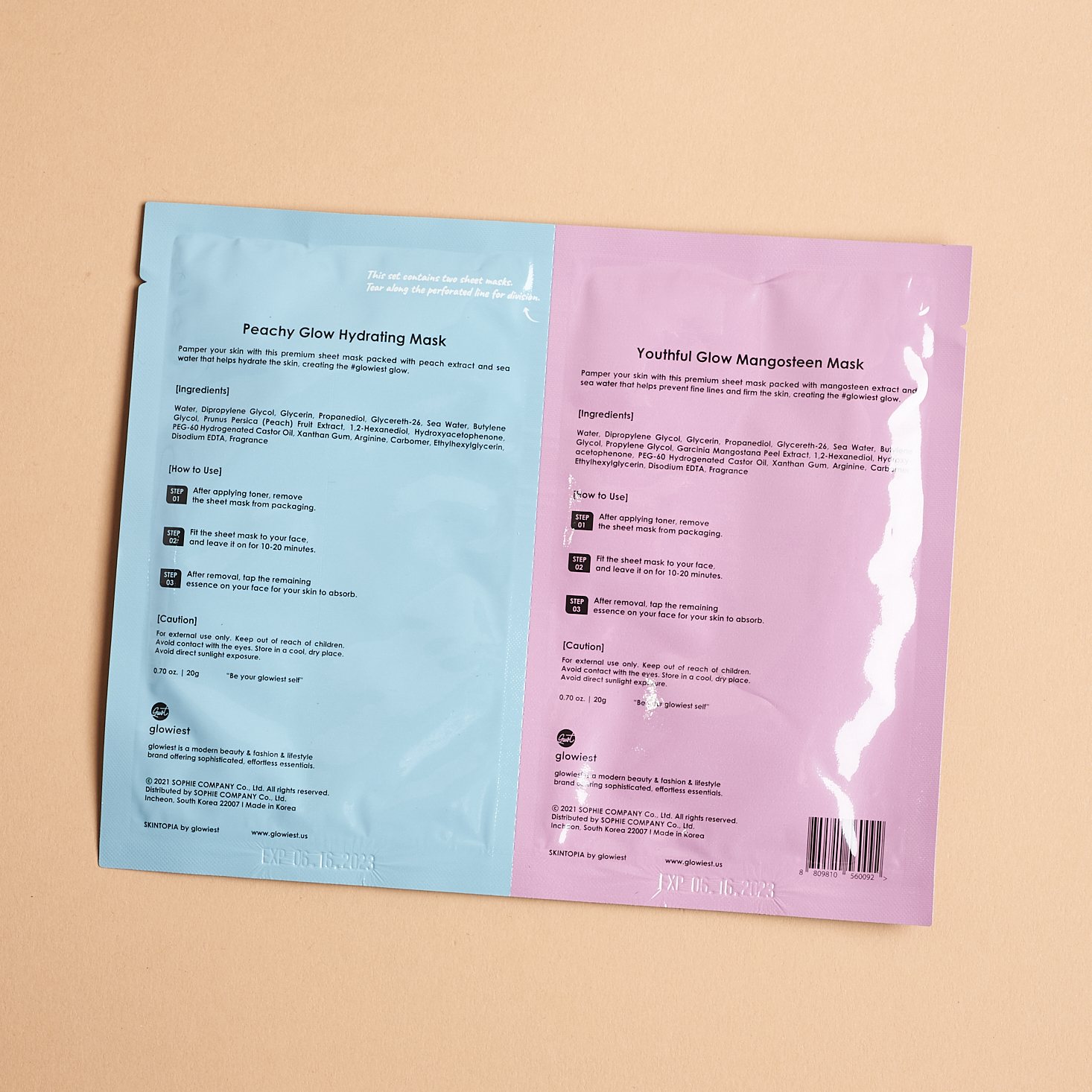 back of purple and blue sheet masks showing ingredients list