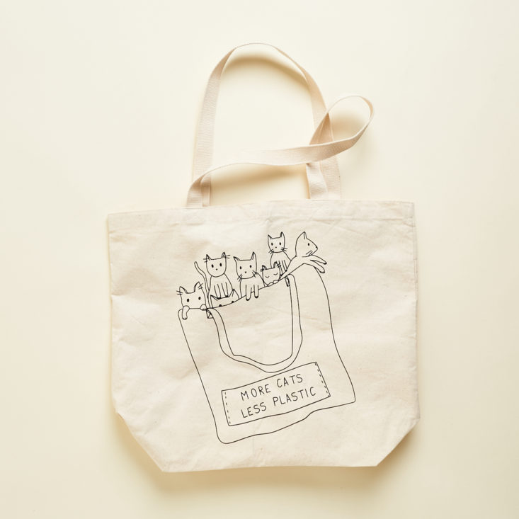 tote bag with cats that says more cats less plastic