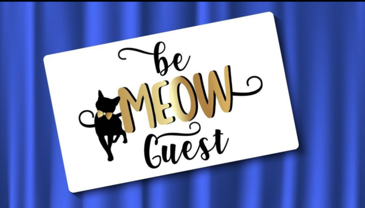 words be meow guest with a black cat on a white card