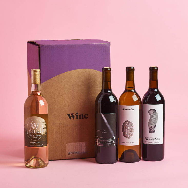 winc wine bod and four bottles of wine
