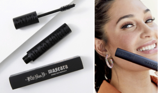 Photo of KVD mascara and photo of dark-haired woman holding tube