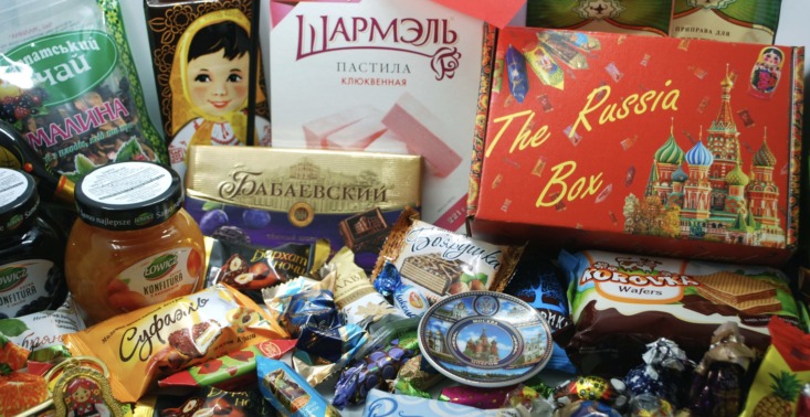 The russia box surrounded by russian snacks