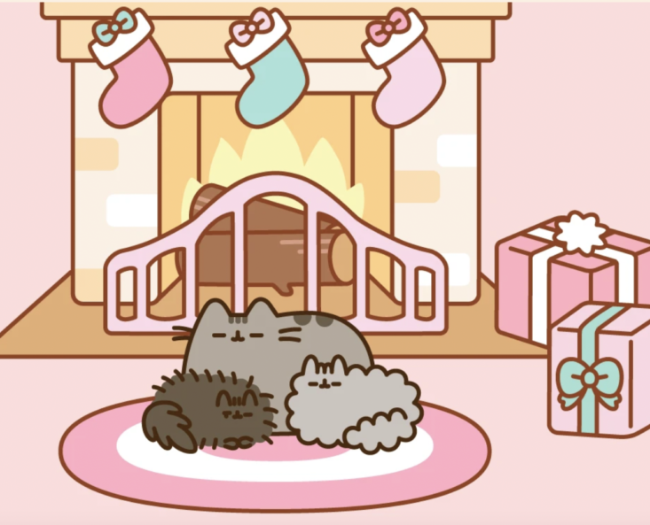 pusheen cuddled in front of a fire