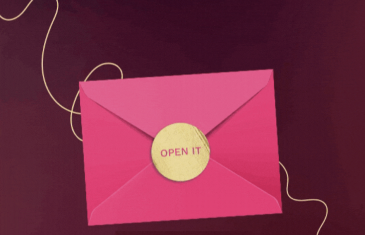 pink envelope with the words open it on it