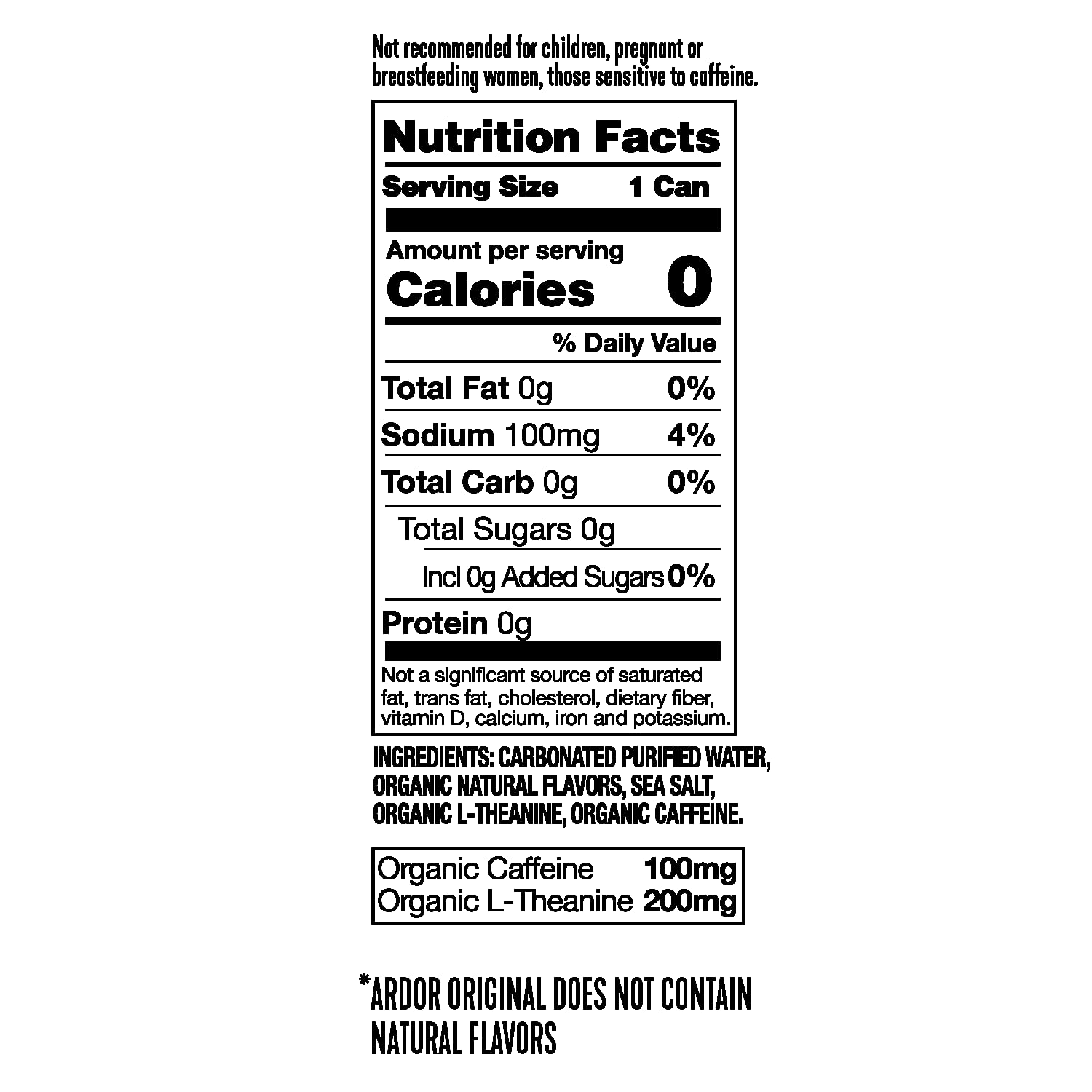 ARDOR organic sparkling water in peach flavor Nutrition Facts chart