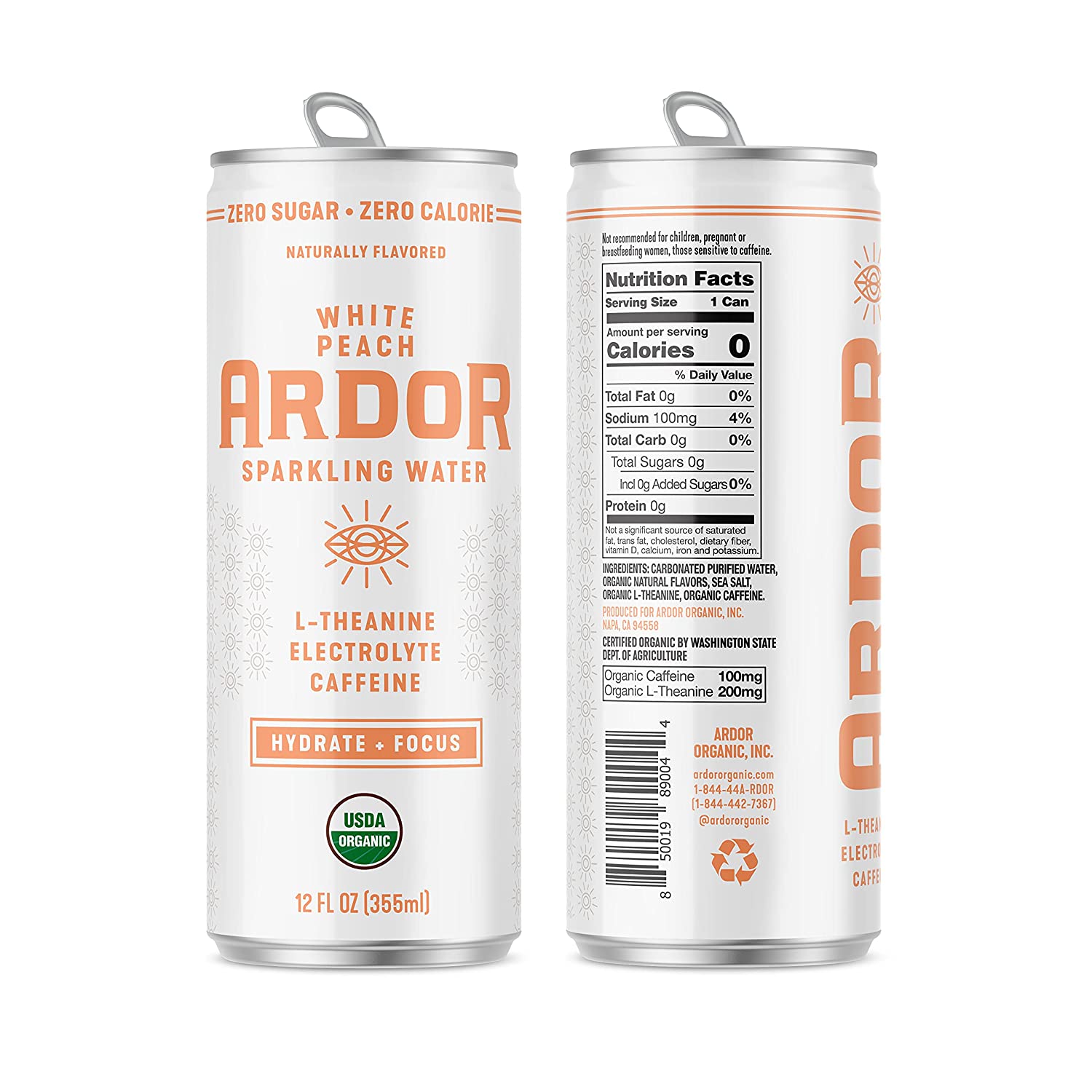 ARDOR - Organic Sparkling Water, White Peach Can