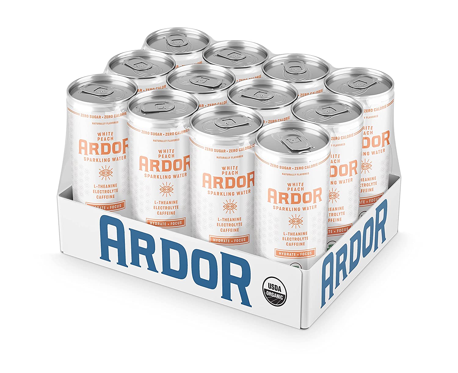 a box with ARDOR organic sparkling water in peach flavor