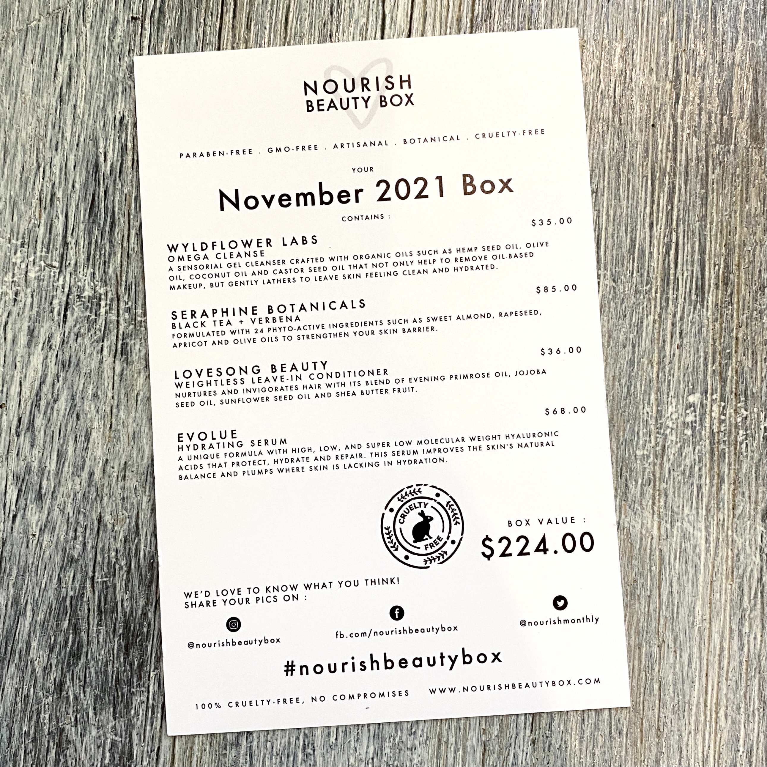 Front of Card for Nourish Beauty Box November 2021