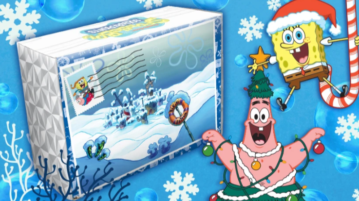 graphics of Holiday/Winter 2021 Bikini Bottom Box with Spongebob Squarepants and Patrick Starfish
