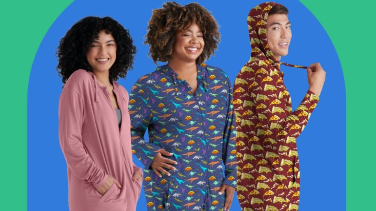 photo of two women and one man wearing MeUndies onesies