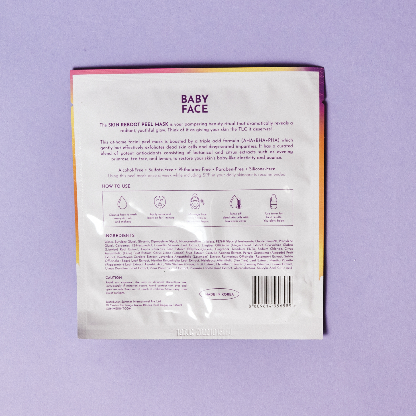 white back of baby skin mask listing ingredients and instructions